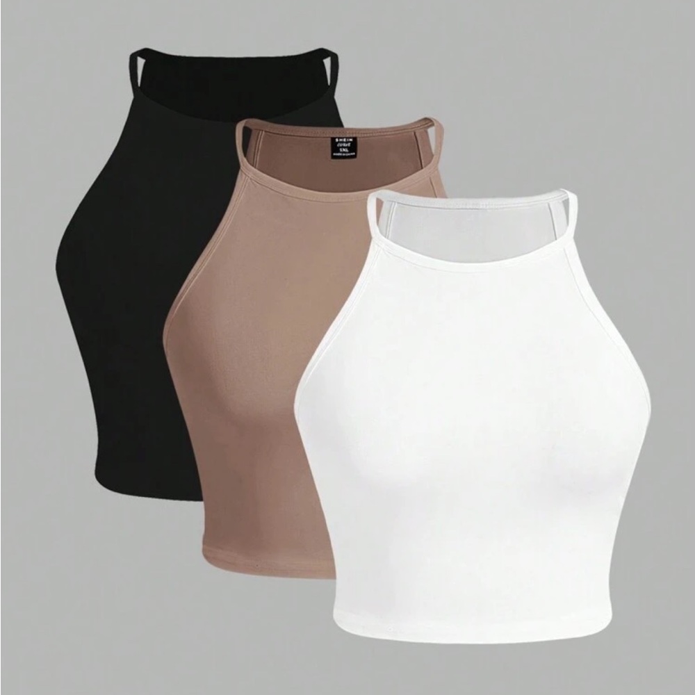 3 Women's Halter Neck Crop Tops - Black, Brown, and White